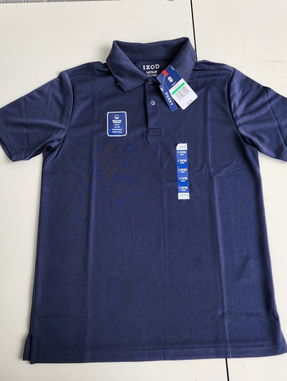 NWT Izod Boys Husky Navy Blue Short Sleeve Performance Polo Shirt L 14/16